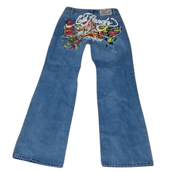 Ed Hardy Koi Fish Painted y2k Vintage Straight Leg Jeans - Picture 2 of 5